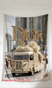 Dior Gold Flower Truck Flannel Sofa Throw Blanket D041